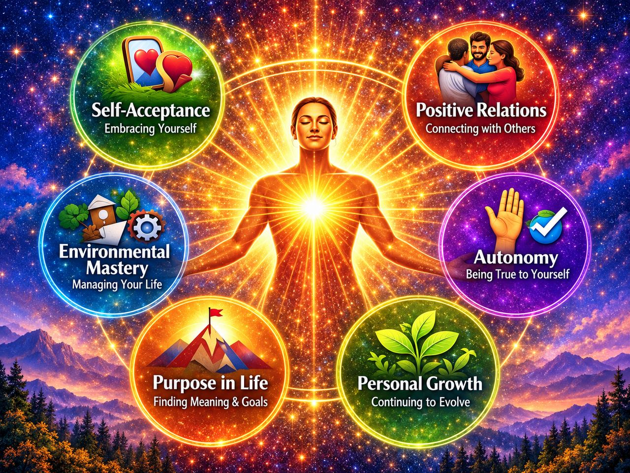 Carol Ryff's six dimensions of psychological well-being arranged around a central figure: self-acceptance, positive relations with others, autonomy, environmental mastery, purpose in life, and personal growth.